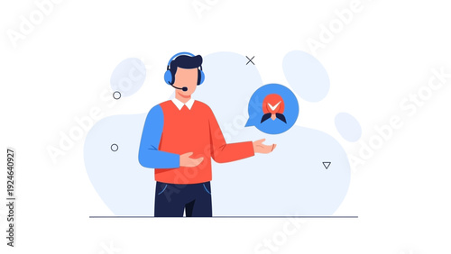Customer service representative with headset and award icon in speech bubble, support concept.