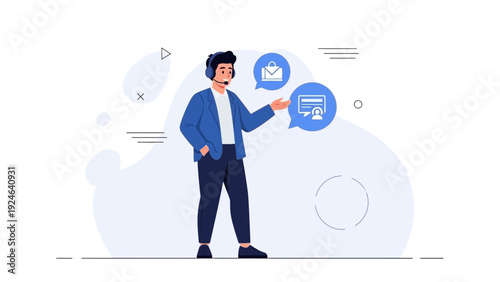 Customer Service Representative with Communication Icons: Support, Online Shopping, Security