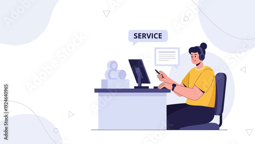 Customer service representative with headset working at computer, offering support.