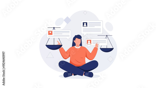 Woman Balancing Social Media Opinions on Scales, Decision Making