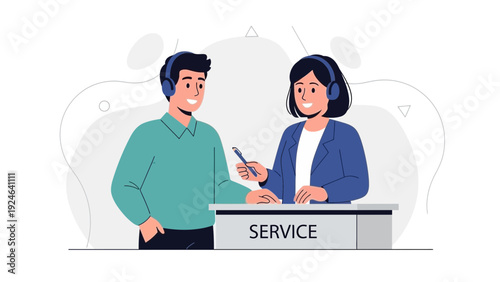 Customer Service Representatives with Headphones at Desk