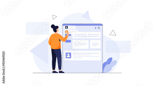 Woman Browsing Online Profile Page - Social Media Network Illustration