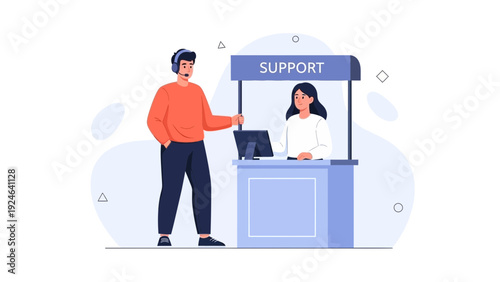 Customer Service Support Booth with Male and Female Operators