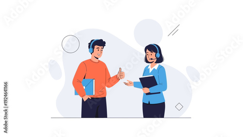 Customer service, support, and communication concept with people wearing headsets