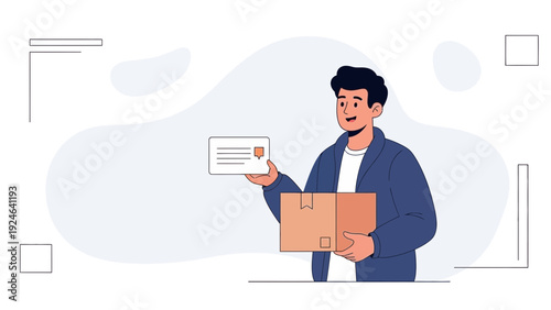 Delivery Man Holding Package and Letter, E-commerce Shipping Service Concept