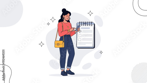 Woman checking to-do list on phone with checklist notebook, planning tasks