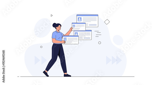 Woman choosing profile cards from digital interface, online selection concept