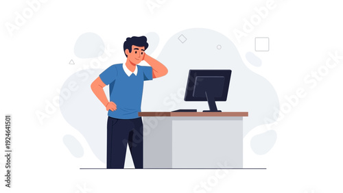 Frustrated Man Working on Computer, Deadline Stress, Office Problem