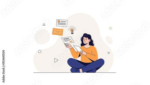 Woman learning and planning, holding documents and tablet, bright idea bulb above