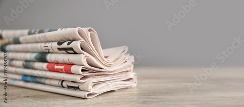 Foto Folded newspapers wooden table, closeup. Banner for design