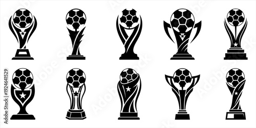 Soccer trophy silhouette collection with champion award cup vector illustration set. Football championship trophy cup silhouette. Soccer winner trophy silhouette set. Sports championship winner cup.