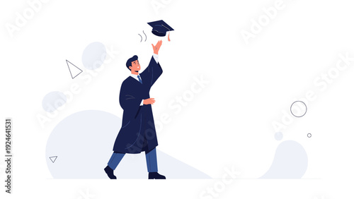 Graduation Celebration: Man in Cap and Gown Tosses Graduation Cap in Air