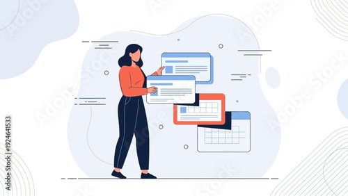 Woman organizing digital content and tasks on screens