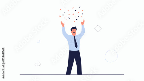 Happy Businessman Celebrating Success with Falling Confetti