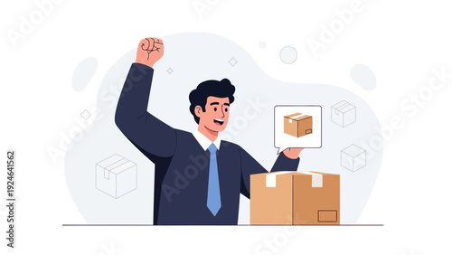 Happy businessman celebrating successful delivery with boxes and package icon