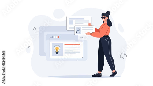 Woman organizing digital content, website layout, online information flow