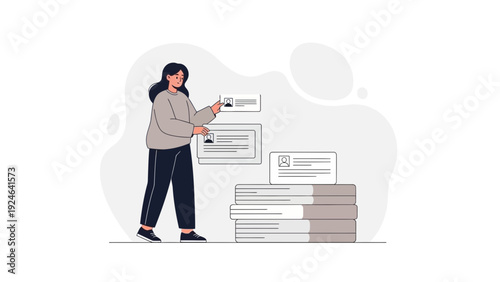 Woman organizing resume papers and documents, career planning, job search concept