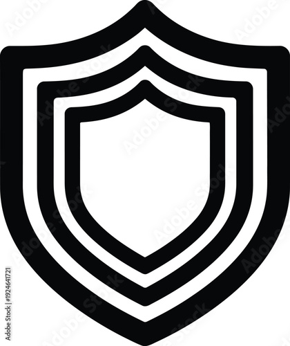 Black outline shield icon with three layers, representing security, protection, and defense in a modern line art style. isolated on Transparent Background