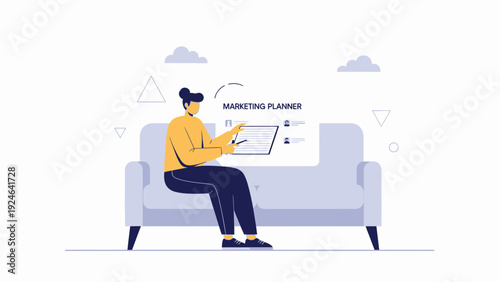 Woman planning marketing strategy on tablet, sitting on couch, modern flat design