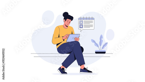 Woman Planning Schedule on Tablet with Calendar Icon, Task Management Concept