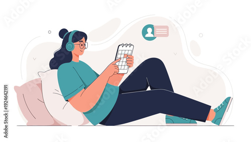 Woman Relaxing with Headphones and Smartphone, Online Communication Concept