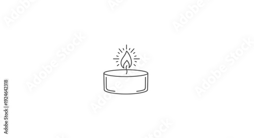 Single lit tea light candle with flame and light rays on white background, minimalist icon