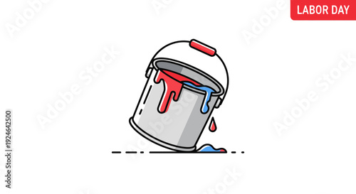 Spilled Paint Bucket With Red and Blue Colors Dripping, Labor Day Concept