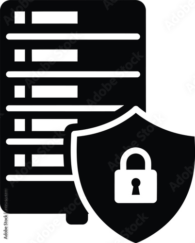 Server data security glyph icon. Black server rack with a white shield and padlock symbol in the foreground, representing protected information and network safety. isolated on Transparent
