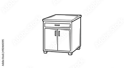 Simple Line Drawing of a Wooden Nightstand with Drawer and Doors
