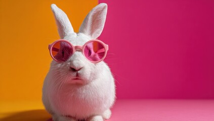 A stylish rabbit wearing pink sunglasses poses against a vibrant orange and pink background, exuding a playful and trendy vibe.