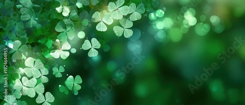 A vibrant, green background featuring delicate clovers and soft bokeh, creating a serene and fresh atmosphere.