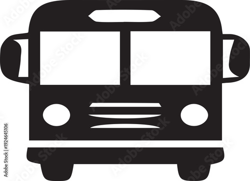 Black and white bus front view illustration on transparent background
