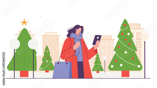 Woman shops online with tablet, holding bag, walking city street with Christmas trees.