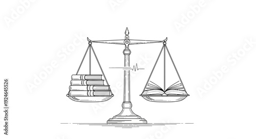 Scales of justice balancing books and open book, symbolizing knowledge, law, and education