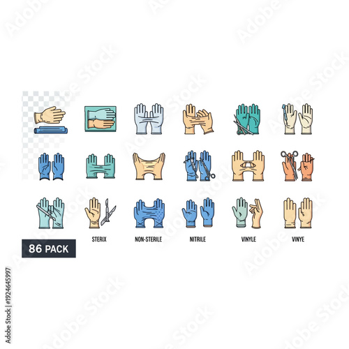 Medical Glove Icons and Hand Protection Gestures Set