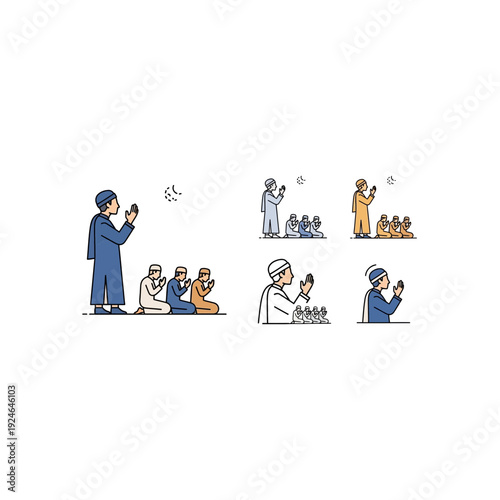 Illustration Set of Muslim Men Performing Islamic Prayer
