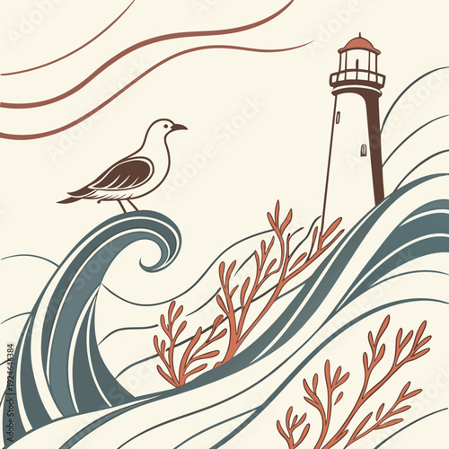 A tall white lighthouse beacon stands as a landmark navigation tower against a summer sky, overlooking a coastal landscape of the sea and birds
