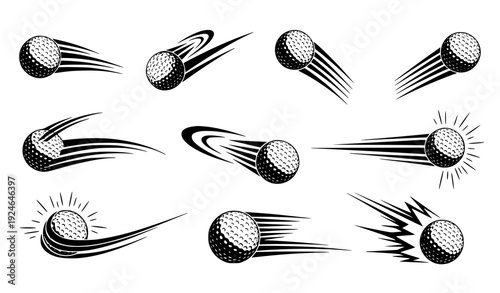 A set of golf balls in motion with dynamic lines and speed effects in a black and white vector illustration