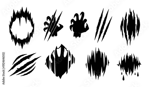 A set of black vector graphic scratches and claw marks on a white background