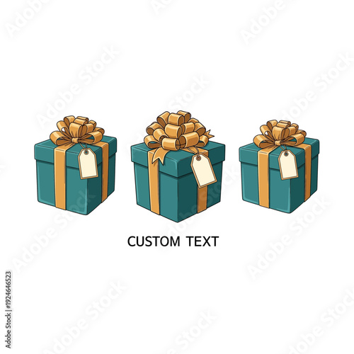 Teal Gift Box Trio with Gold Ribbons and Hanging Tags