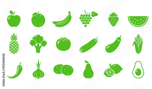 A set of green icons depicting various fruits and vegetables in a flat, minimalist design style.