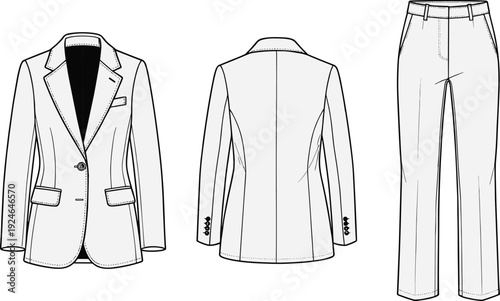 Women’s tailored suit fashion illustration, blazer trousers sketch, garment technical drawing, apparel front back view, clothing vector artwork, structured silhouette
