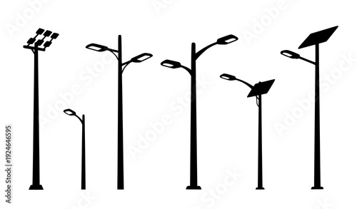 A set of modern streetlights in a minimalist black silhouette style on a white background