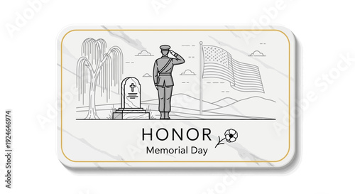 Soldier Saluting at Memorial Day Grave with American Flag and Willow Tree