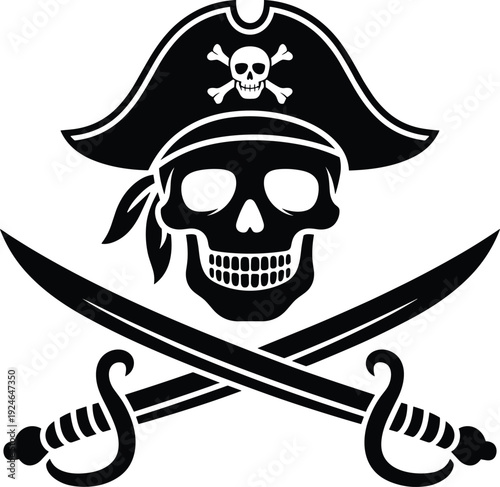 Pirate skull silhouette illustration, crossed swords artwork, rebellion symbol design, maritime piracy icon, danger emblem graphic, classic pirate hat