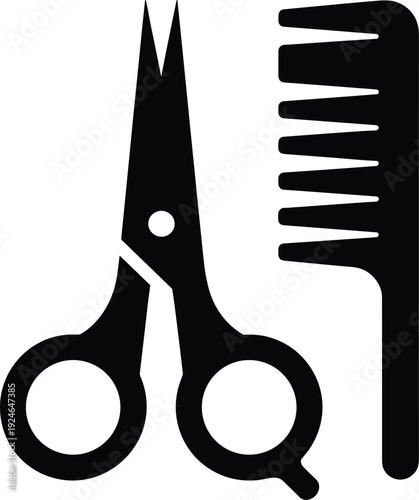 Scissors and comb silhouette illustration, hairdressing tools artwork, barber shop icon design, grooming equipment graphic, salon symbol art, hairstyling tool