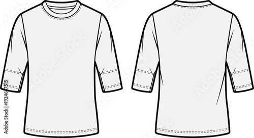 T-shirt fashion illustration, garment technical drawing, short sleeve apparel sketch, clothing front back view, vector design element, casual wear silhouette
