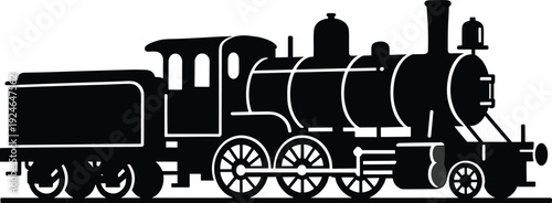 Vintage steam locomotive silhouette illustration, railway train artwork, industrial era vector design, transport graphic icon, black white historical symbol