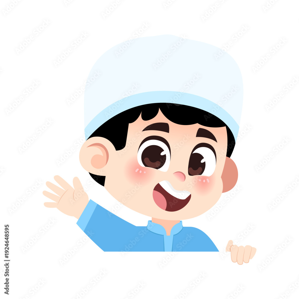 Obraz premium Happy Muslim Boy Waving Hand and Peeking Out