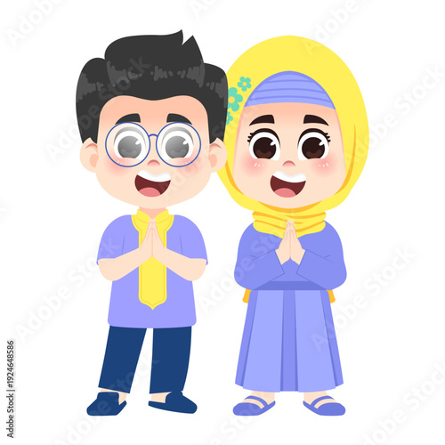 Happy Glasses Boy and Girl Celebrating Eid Al-Fitr